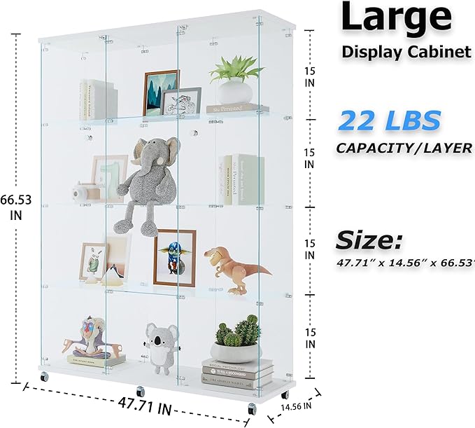 66.5" H 4-Shelf Extra Large Glass Display Cabinet with Double Doors,Modern Floor Standing Curio Cabinet Bookshelf Collection Display Case with Lockable Casters & Lock for Living Room (White)