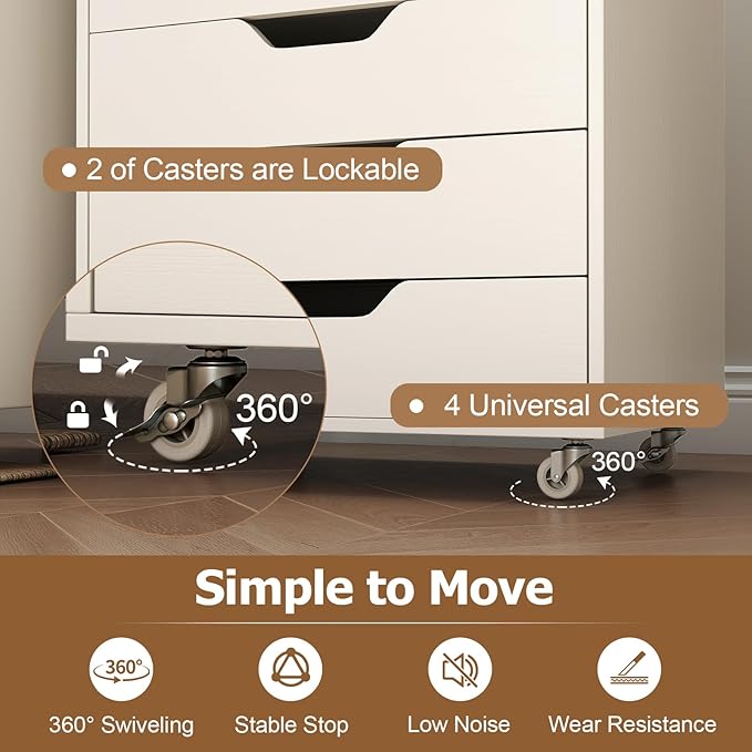 7 Drawer File Cabinet, Mobile Filing Cabinet w/Universal Wheels, Wood Printer Stand with Storage, Rolling File Cabinets for Home Office, Living Room, Bedroom (White, 7 Drawers)