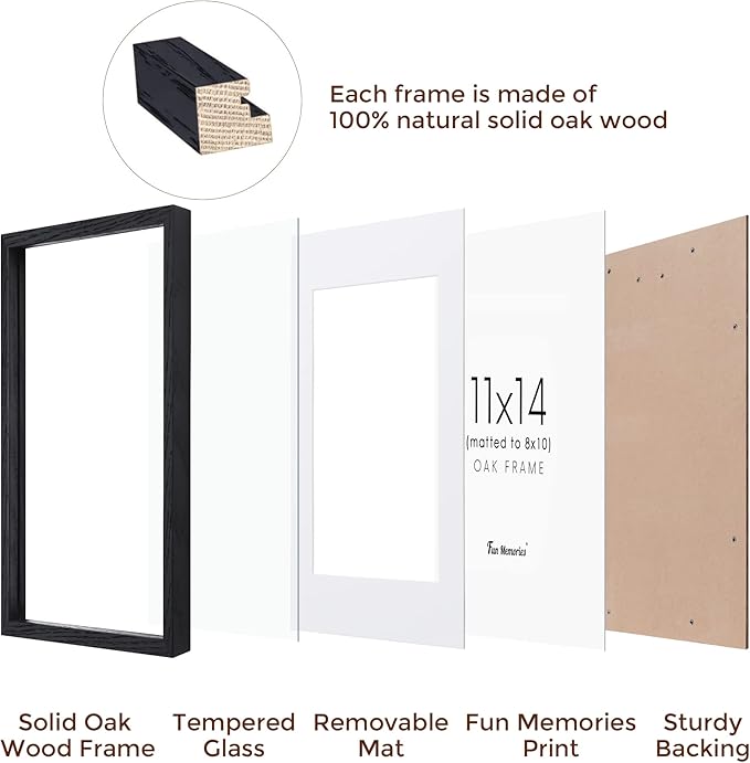 Fun Memories Black Picture Frame 11x14, Rustic Oak Wood 11 x 14 Photo Frames for Wall, 11x14 Frame with Mat for 8x10, Rustic Wood 11 by 14 Wall Gallery Frame Set, Black 11"x14" Frames, 1 Pack