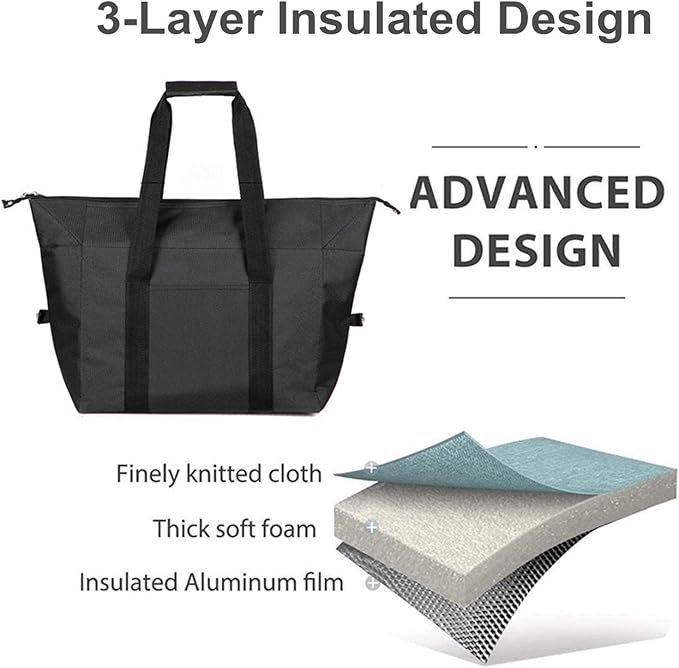 Reusable Insulated Grocery Picnic Cooler Bags with Zipper, Thermal Tote Shopping Bags for Travel, or Lunch, Camping, Beach Food Frozen, Black