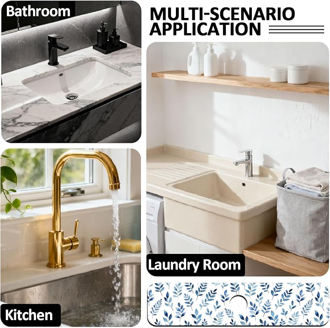 2 Pcs Kitchen Sink Splash Guard Faucet Mat Watercolor Blue Leaves Faucet Mat - Image 7