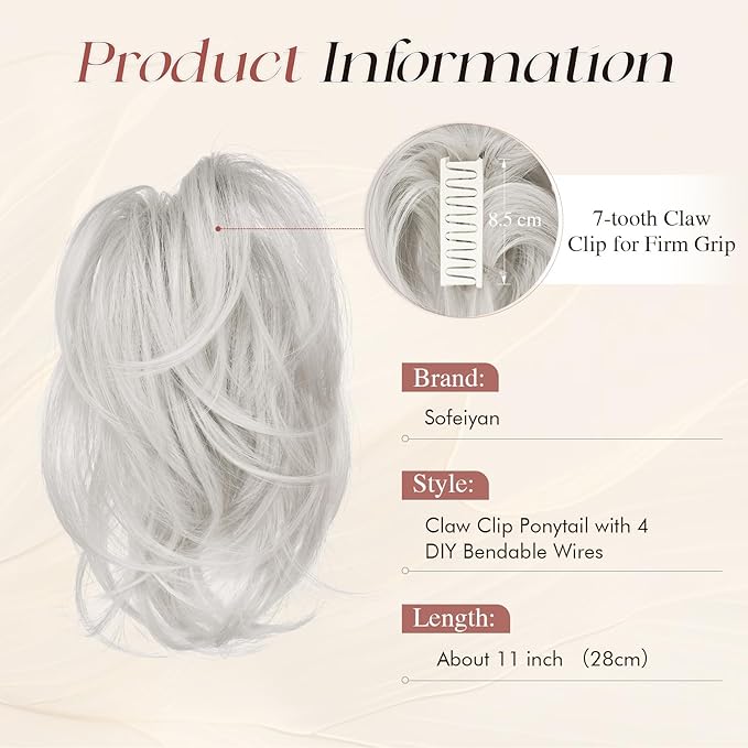 SOFEIYAN Claw Clip Short Ponytail Extension DIY Bendable Wires Hair Bun Fluffy Fake Hair Piece Straight Synthetic Hair Ponytail Extensions for Wonen - Light Silver Grey