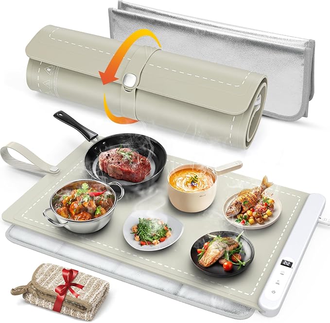 FYY Warming Mat for Food with Heat Resistant Pad, Prevent Countertop Cracks, Keep Meal Warm, Rapid and Full Surface Heating, 6 Temp Settings 6H Timer, Upgraded Rollable Portable Food Warmer Mat Khaki