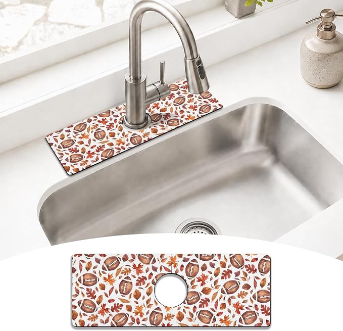 Fall Kitchen Sink Splash Guard Faucet Mat, Football Maple Leaf Autumn by puwbnhj