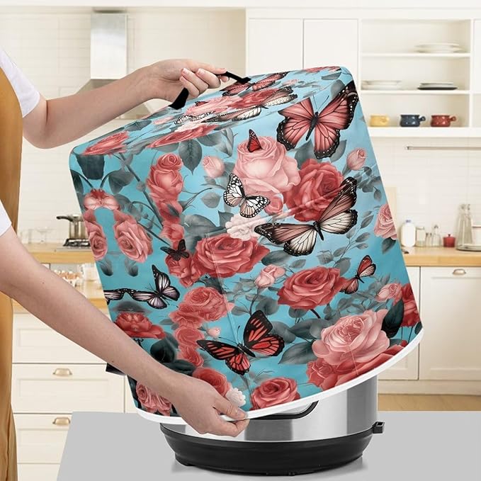 Flashideas Butterfly Rose Pressure Cooker Cover for Women Insulated Rice Cooker Cover with Easy to Clean Lining Stain Resistant Dust Cover with Pockets for Instant Pot 6 Quart Appliance Cover