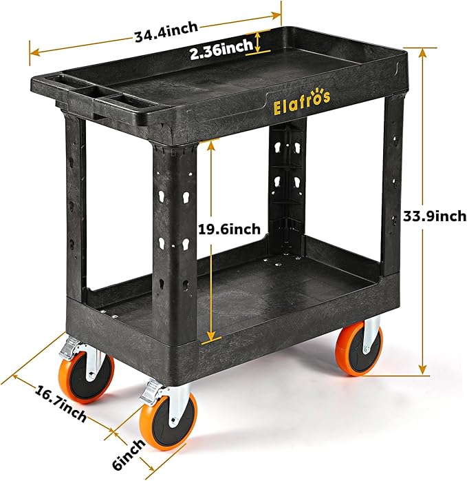 ELAFROS Heavy Duty Plastic Utility Cart 34 x 17 Inch - Work Cart Tub Storage W/Deep Shelves and Full Swivel Wheels Safely Holds up to 550 lbs - 2 Tier Service Cart for Warehouse with 6" Caster
