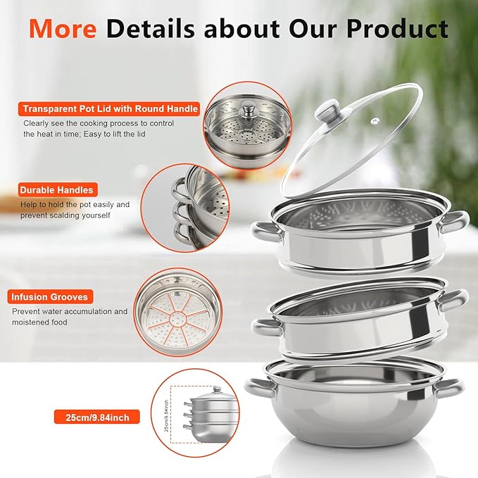 3-Tier Food Steamer Pot for Cooking, Stainless Steel Steamer Pot with Transparent Lid, 11inch Diameter, Stackable Steaming Pots Steam Cooker Cookware for Dumpling Seafood, Work for Induction Stove (11in Diameter)