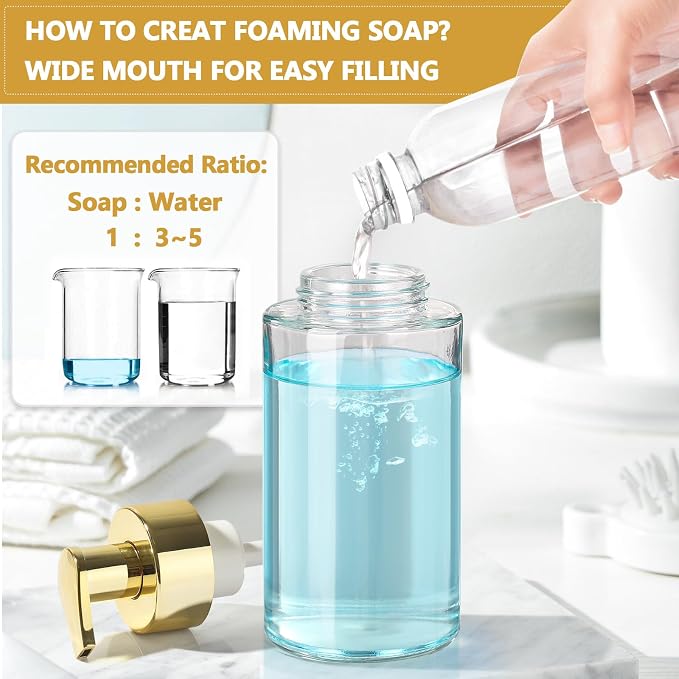 RYTOXILO Foaming Soap Dispenser, 10 oz/300ml Gold Soap Dispenser, 2 Pack Glass - Image 5
