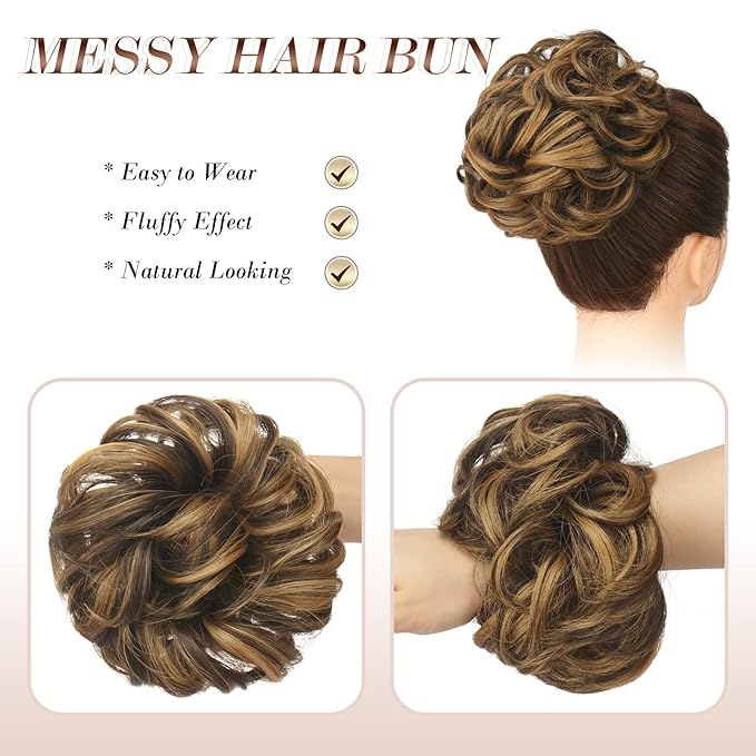 FESHFEN Large Messy Bun Hair Piece - Wavy Synthetic Chignon Scrunchies Elastic Ponytail Hair Extensions Thick Hairpieces for Women, Brown Highlighted Caramel Blonde 1.94oz