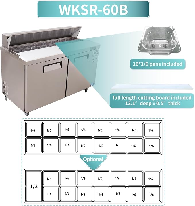 WESTLAKE 60" W 2 Door Refrigerator Sandwich & Salad Prep Table Commercial Stainless Steel Counter Fan Cooling Refrigerator with 16 Pans-60 Inches for Restaurant, Bar, Shop, etc