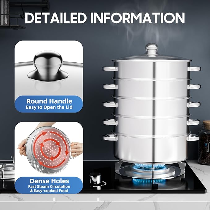 5-Tier Stainless Steel Steamer, 28cm Stackable Steamer with Clear Visible Lid, Large Capacity Cookware Steaming Pots for Bread, Dumplings, Vegetables
