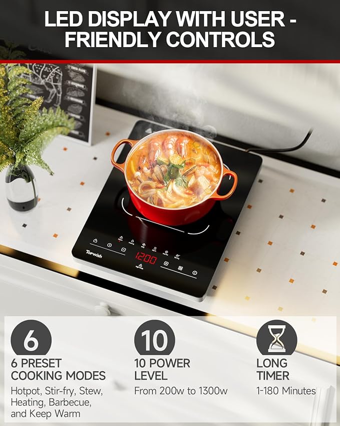 Portable Electric Stove,110V Electric Hot Plate Single Burner Electric Cooktop Countertop Burner with 6 Preset Functions,10 Power Levels,LED Touch Control, Child Lock &Timer