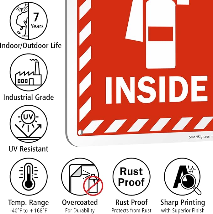 SmartSign 10 x 7 inch “Fire Extinguisher Inside” Metal Sign with Pre-cleared Holes, 40 mil Laminated Rustproof Aluminum, Red and white, Made in USA