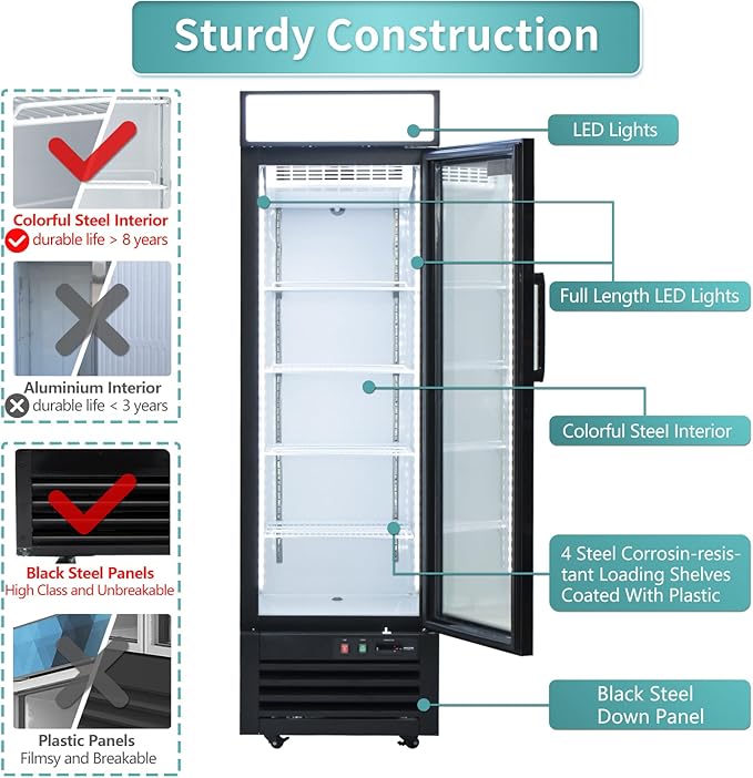 WESTLAKE 24" W Merchandiser Commercial Display Refrigerator Single Glass Door Reach-in Glass Door Upright Fan Cooling 18 Cu.ft Cooler for Restaurant, Bar, Shop, etc