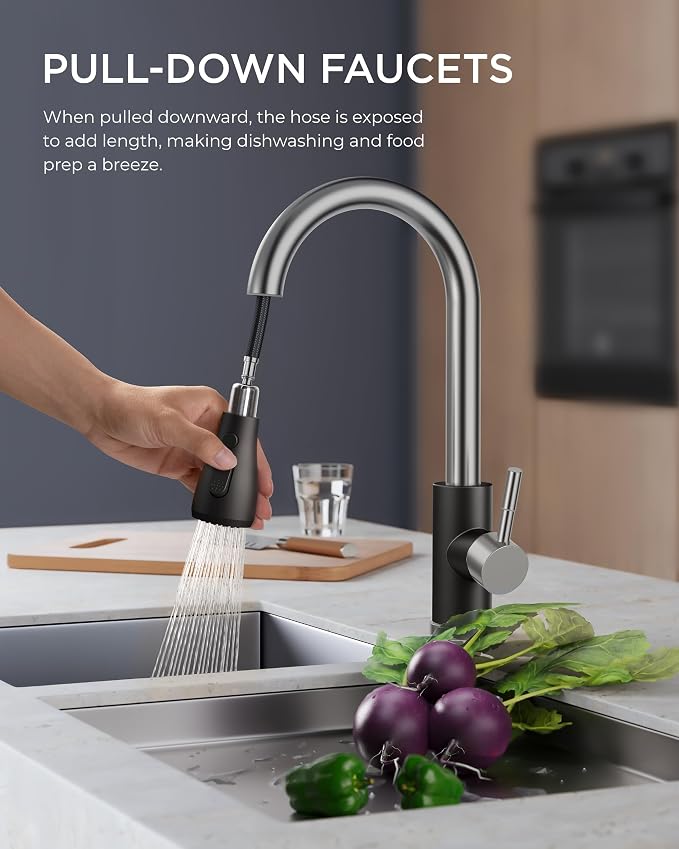 FORIOUS Kitchen Faucets, Pull Down Sprayer, Stainless Steel, Single Handle - Image 2