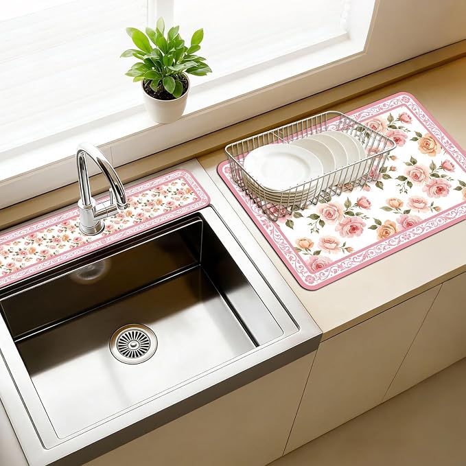 3 Pcs 2 Size Kitchen Sink Splash Guard Faucet Mat Pale Pink Flowers Pattern by CONCHLERY%E6%97%97%E8%88%B0%E5%BA%97