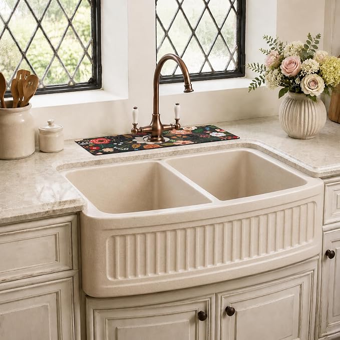 Boho Black Flowers Kitchen Sink Splash Guard Faucet Mat, Faucet Non-Slip - Image 7