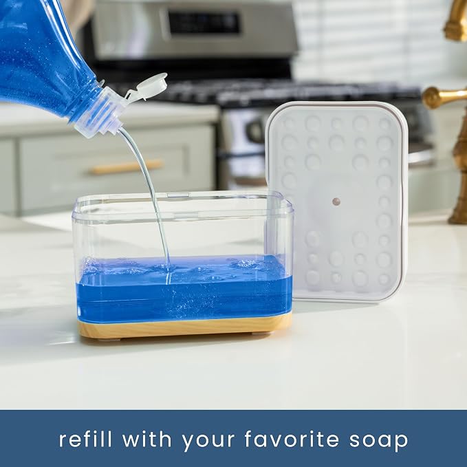 S&T INC. Dish Soap Dispenser and Sponge Holder, Plastic Bamboo and White | - Image 3
