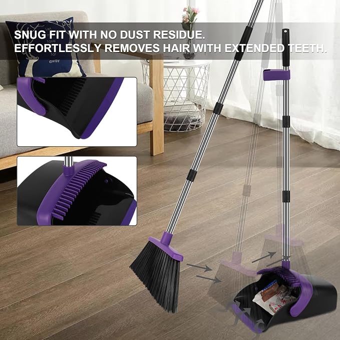 Purple Broom and Dustpan Combo Set, Extended Reach Design, Built-in Comb Dustpan - Image 7