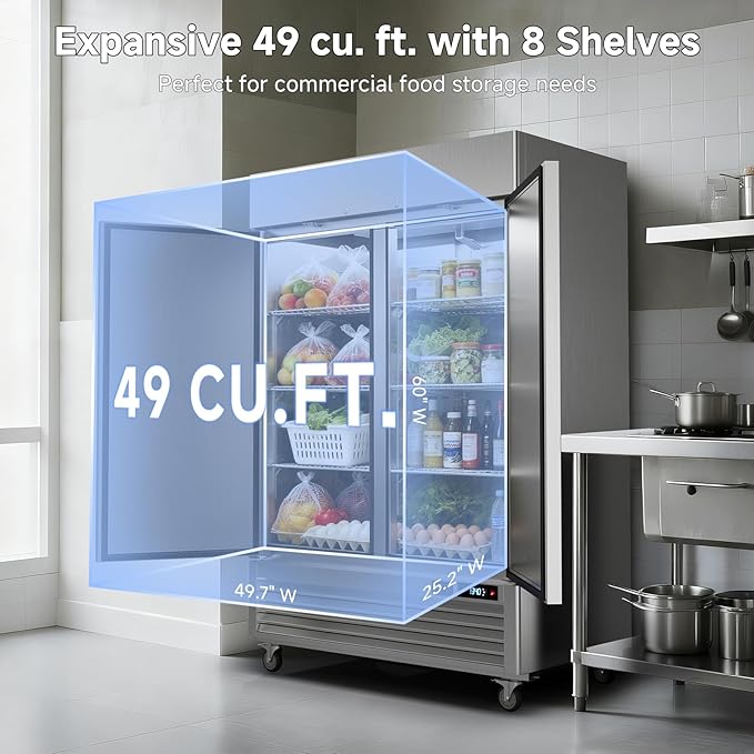 VEECOOL 54.4" W Commercial Refrigerators WiFi-Enabled, 49 cu.ft. Stainless Steel Reach in Fridge with 8 Shelves, APP & Digital Control, LED Lighting for Restaurant, Bar, Cafe, ETL&ETL Sanitation