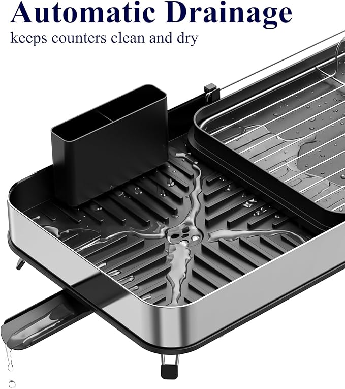 Kitsure Expandable Metal Dish Drying Rack, 16.1-26.6" L x 12.6" W, Auto-Drain - Image 6