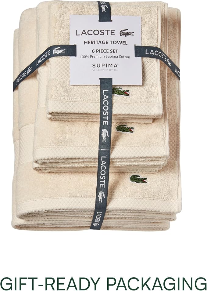 Lacoste Heritage Supima Cotton 6-Piece Towel Set, Chalk | Highly Absorbent - Image 4