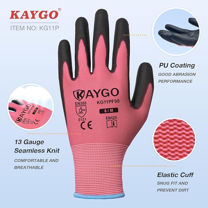 KAYGO Safety Work Gloves PU Coated, 12 Pairs KG11P Seamless Knit Glove with Polyurethane Coated Smooth Grip on Palm & Fingers, for Men and Women, Ideal for General Duty Work, Pink,Small