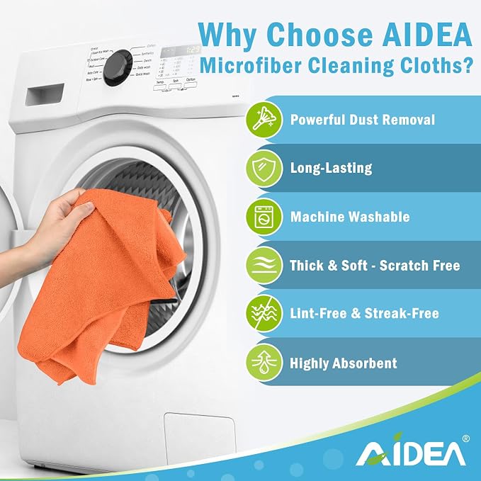 AIDEA Orange Microfiber Cleaning Cloth-12PK, Cleaning Rags 12"x12" Reusable | - Image 3