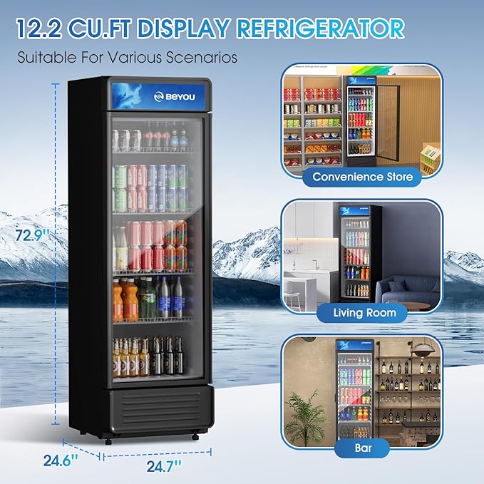 BEYOU Commercial Beverage Refrigerator, 12.2 cu. Ft Upright Display Merchandiser with single Glass Door, Drink Cooler for Living Room,Bar,Garage（Black）
