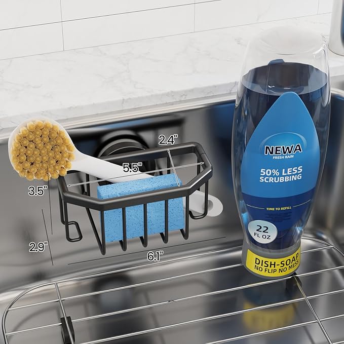 TAILI Sponge Holder with Strong Suction Cup, Dish Sponge Caddy Inside Sink Removable, Rustproof Aluminum for Sponges, Brushes, Stoppers and Scrapers - Black