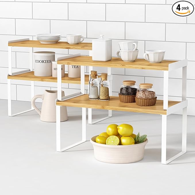 Kitchen Cabinet Organizer Shelf Set of 4, Large Stackable Pantry Cupboard Countertop Storage and Organizer, Desk Shelf Riser, Spice Plate Cup Expandable Storage Rack (Bamboo White)