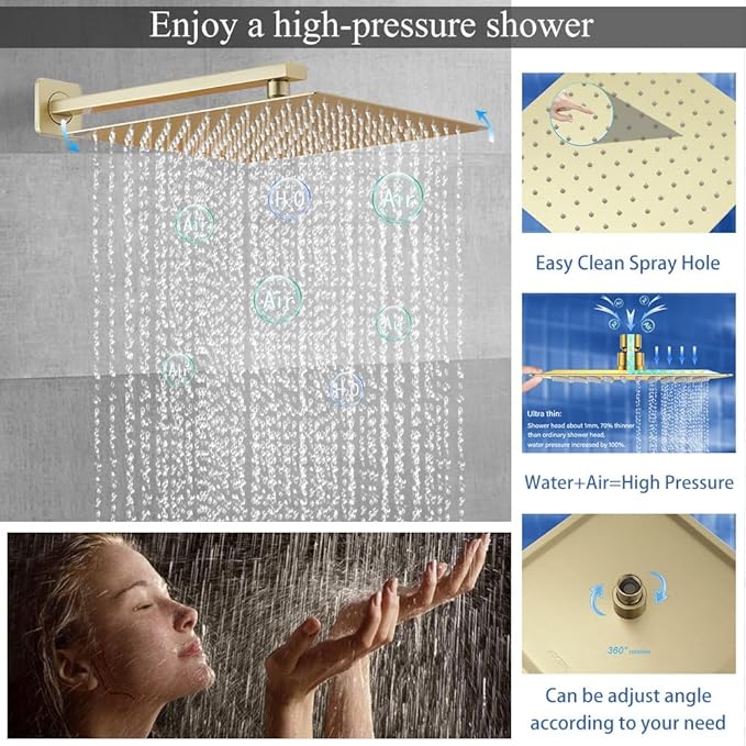Shower Faucet Set Brushed Gold Shower System, Knob Switch Diverter Shower Faucet with High Pressure Handheld Spray, Wall Mount 12 Inch Shower Head with 6 Inch Wall Mount Shower Head