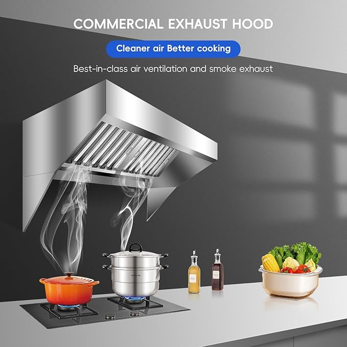 6FT Commercial Kitchen Exhaust Hood, Wall Mount Stainless Steel Vent Hood with 2 Detachable u-Shaped Filters, Rust-Resistant Food Truck & Restaurant Range Hood for Concession Trailer Cooking Station