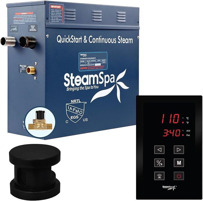 STEAMSPA 6kW Steam Sauna Generator Sentry Series 240V Steam Generator with Touch Screen, Steamhead, Built-in Steam Shower Auto Drain, ACU Quickstart Steam Bath Generator (Black)