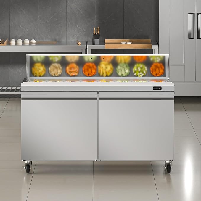 60" W Commercial Refrigerator Sandwich Salad Prep Table, 17.8 Cu.ft 2 Door Commercial Stainless Steel Food Prep Fridge with 16 Pans, Salad Prep Station for Restaurant, Bar, Shop, etc.