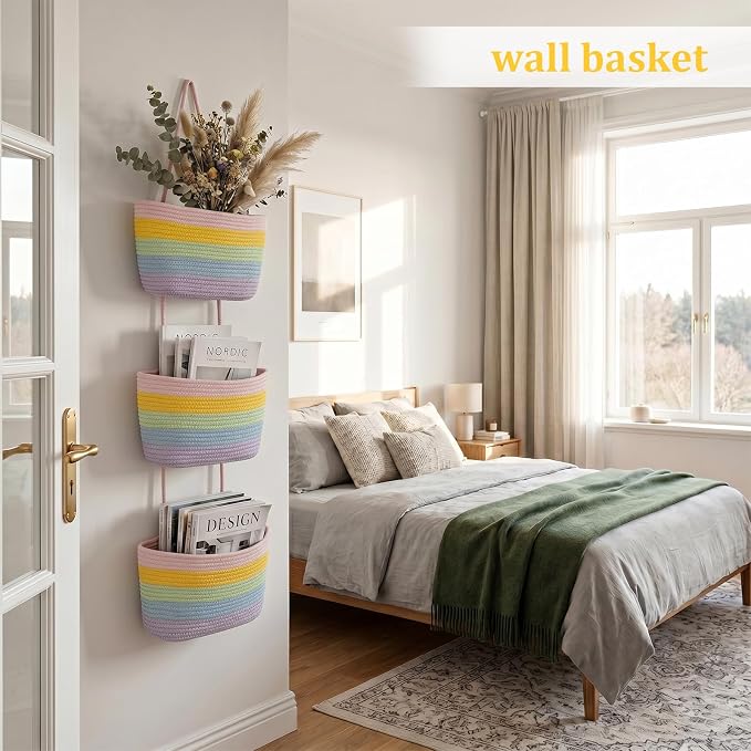 TeoKJ Over the Door Hanging Basket, 3-Tier Woven Cotton Wall-Mounted Storage - Image 3