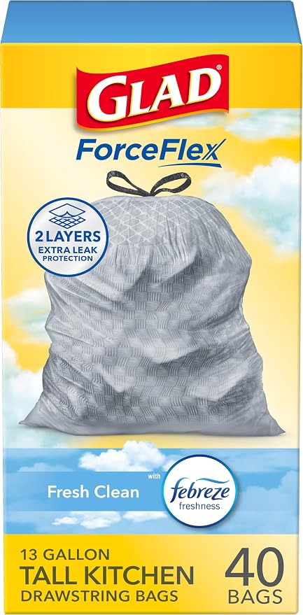 Glad Trash Bags, ForceFlex Tall Kitchen Drawstring Garbage Bags, Fresh Clean by GladTrashFoodStorage