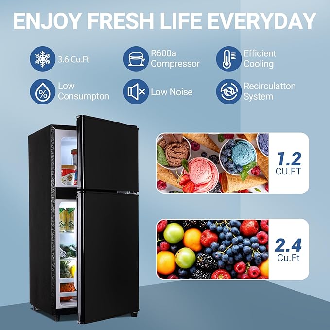 Apartment Size Fridge with Freezer 3.6 Cu. Ft. Mini Refrigerator with Freezer, Small Dorm Fridge Adjustable Thermostat & Shelves Small Refrigerator with Freezer for College, Office, Kitchen, Black