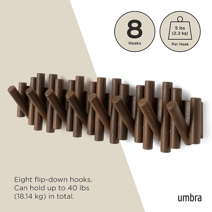 Umbra Picket Coat Rack, Wall Mount 8 Flip-Down Coat Hooks, Walnut | Beveled - Image 5
