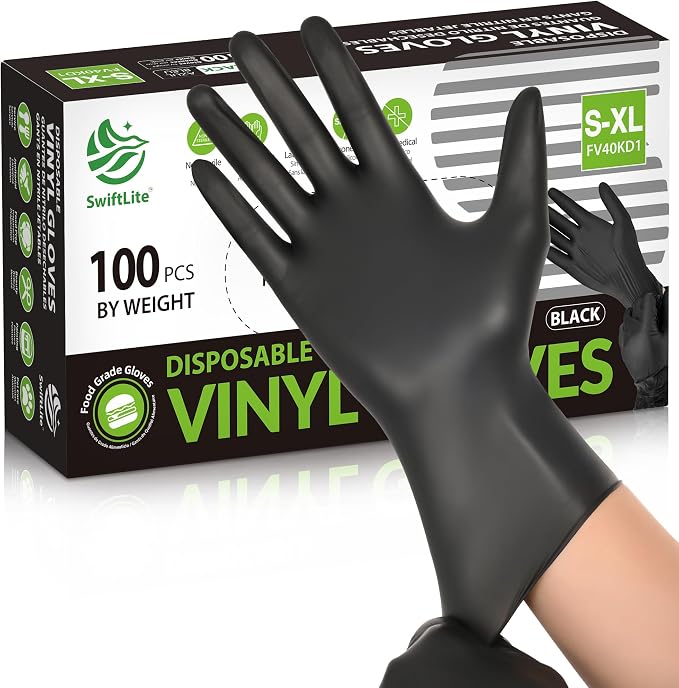 Black Vinyl Gloves, Food Grade Gloves Disposable Latex Free | Powder Free by SWIFTLITE