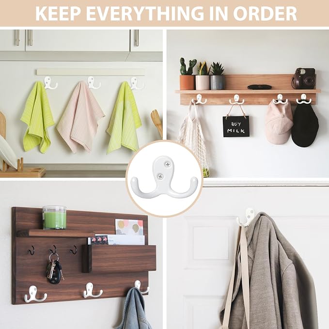 Homanu 24 Pack Coat Hooks, Heavy Duty Double Prong Coat Hooks Wall Mounted - Image 2