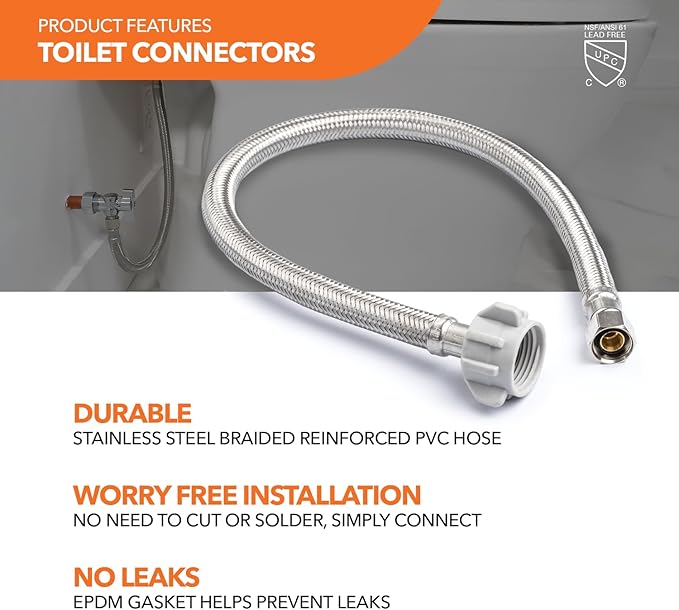 Stainless Steel Braided Water Connectors with Reinforced PVC Inner Hose for Toilets, 3/8" Compression x 7/8" Ballcock, 12" Length (5Pack)