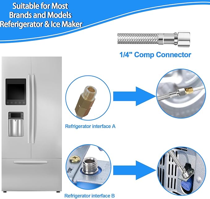 Refrigerator water line - 4 FT Premium Stainless Steel Braided Ice Maker Water Hose,Food grade PEX Inner Tube Fridge Water Line with 1/4" Fittings for Refrigerator Ice Maker