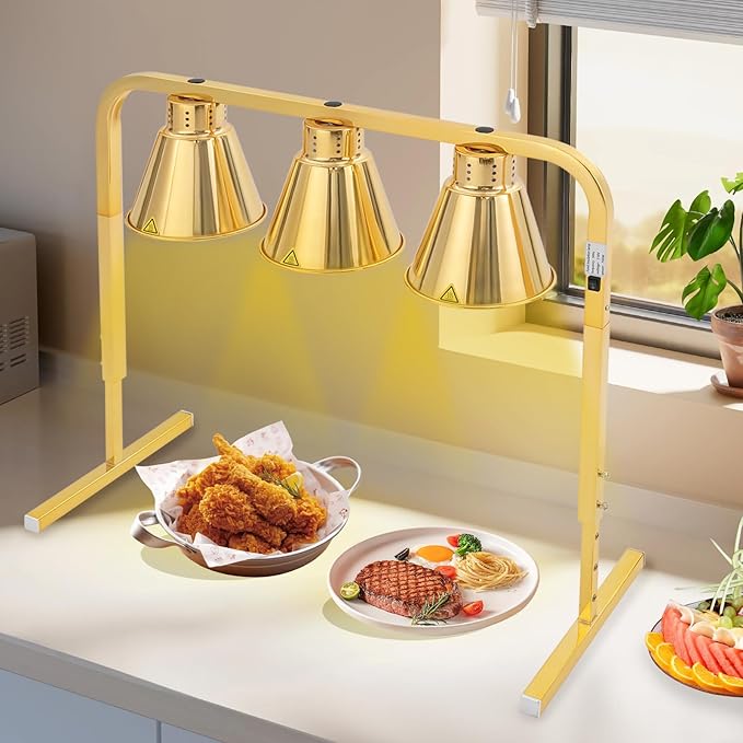 3-Head Food Heat Lamp Warmer Gold, 750W 3*Tungsten Bulb Buffet Display Heating Preservation Light for Buffet, 122℉ Insulation Electric Portable Heating Lamp Adjustable Height(Gold 3-Head)