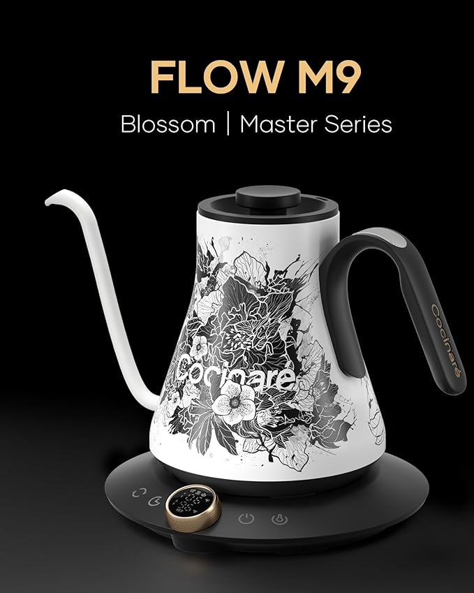 Cocinare FLOW M9 Electric Gooseneck Kettle, ±1℉ Temperature Control for Pour-over Coffee & Tea, Stainless Steel Interior, Quick Heating for Boiling Water (Blossom)