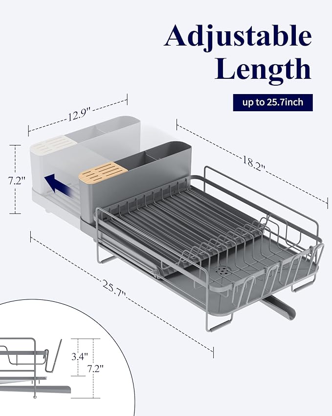 Kitsure Extendable Large Dish Drying Rack, 18.2"-25.7" L x 12.9" W, Cup Holders - Image 2