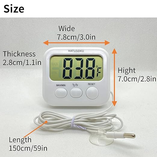 Digital Thermometer with External Sensor, Magnet, Suction Cup, Water Thermometer, Aquarium, Refrigerator, Freezer (White)