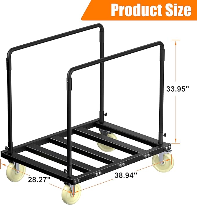 Utility Folding Table Cart, Heavy Duty Table Dolly with Swivel Wheels, Black Panel Cart for Drywall, Lumber, Mattress, Warehouse, Party Events, Grage, Home, Hotel