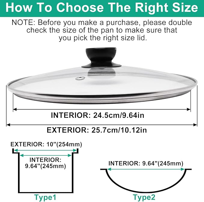 10 Inch Pan Lid, Round Tempered Glass Lid, Universal Pot Lids with Heat Resistant Handle, Replacement Pan Cover for Pans and Skillets, Dishwasher Safe