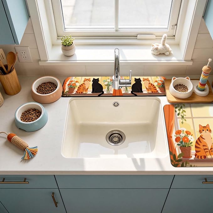 3 Pcs 2 Size Kitchen Sink Splash Guard Faucet Mat Cute Cat Pattern Faucet Mat - Image 6